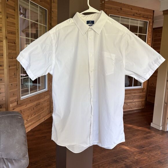George Men L 42-44 White Button-Down Short Sleeve Shirt Classic Fit - Picture 1 of 6